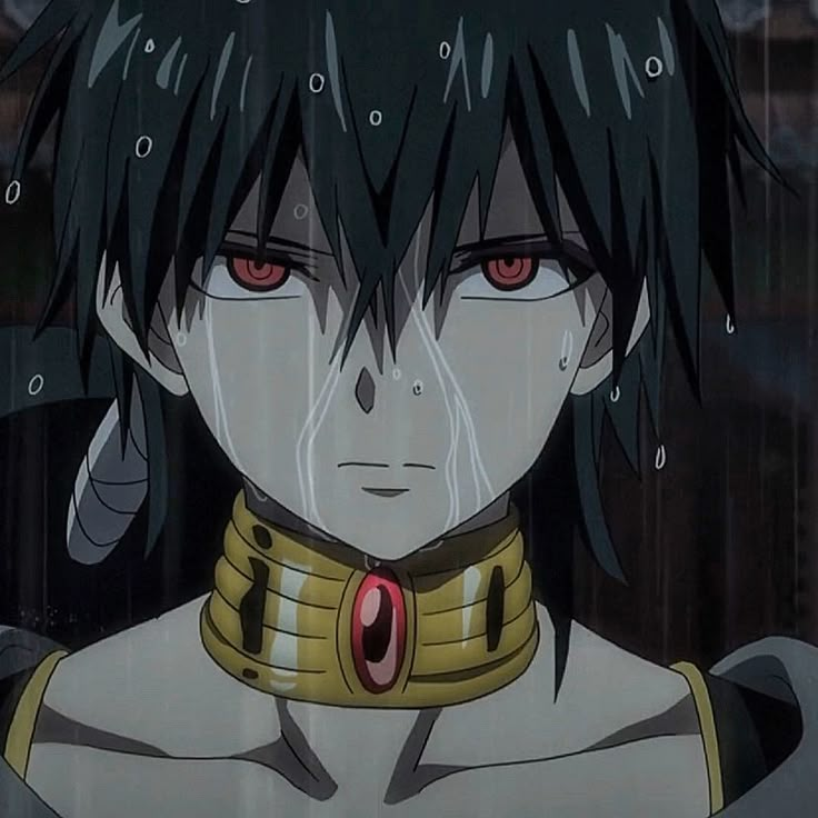 an anime character with black hair and red eyes looking at the camera while standing in front of a window