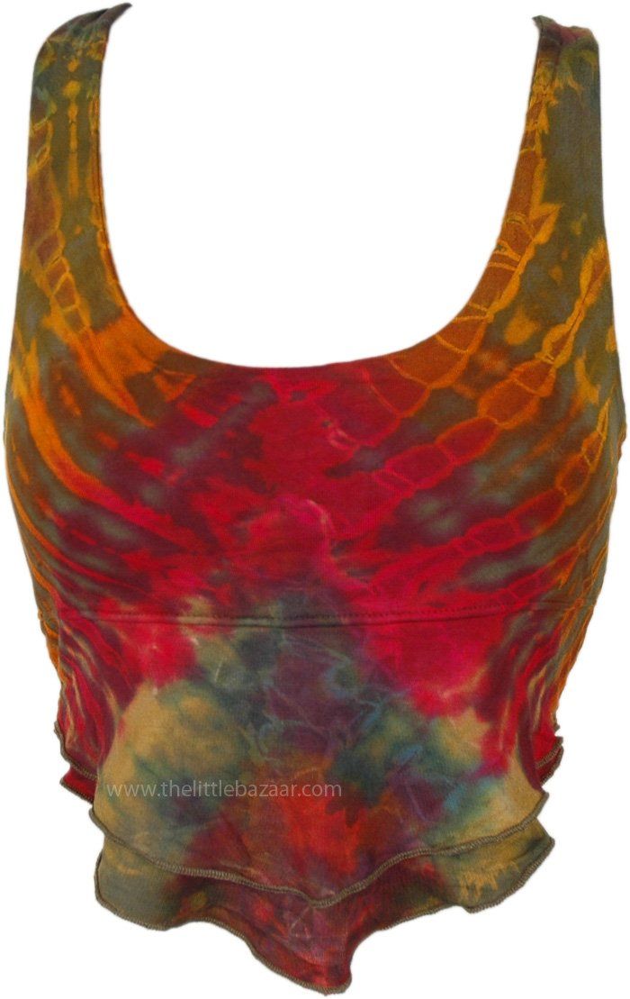 This bright soft crop top has a smoldering hot looking tie-dye color in a green base and a hippie style of its own, for a stylish free-spirited look. It goes with any bohemian lowers! The tie dye is on bright in pink and red hues on the green base color. #tlb #Sleeveless #beachwrap #bohemianfashion #Handmade #TieDye #BohemianTop Hippie Yoga Tops For Summer, Bohemian Yoga Tops For Summer, Casual Multicolor Tank Top For Yoga, Multicolor Sleeveless Hippie Crop Top, Bohemian Tie Dye Crop Top, Casual Multicolor Crop Top For Music Festival, Hippie Multicolor Cropped Top, Multicolor Cropped Hippie Crop Top, Multicolor Hand Dyed Tops For Summer