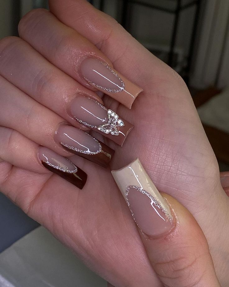 Beige Brown Nails Acrylic Design, Beige Nails Acrylic, Beige Nails Design, Brown Acrylic Nails, Tapered Square Nails, Trendy Nail Art Designs, Beige Nails, Gel Nails Diy, Girly Acrylic Nails