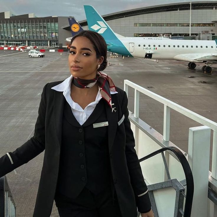 a woman in business attire is standing on an airport tarmac