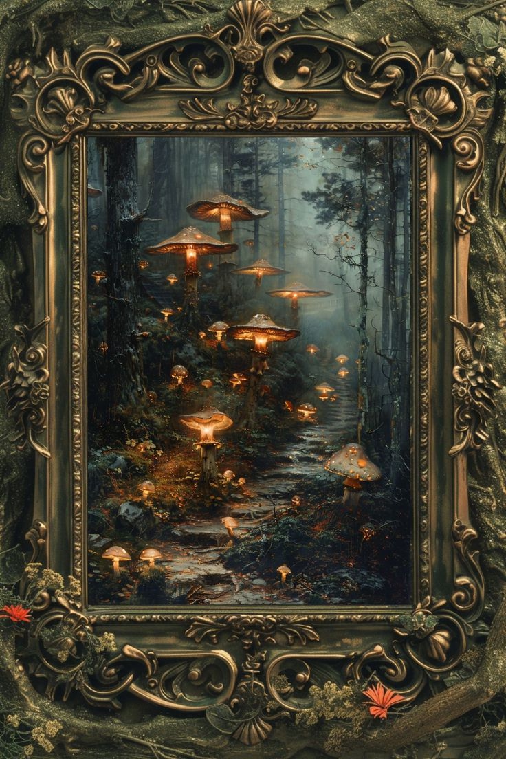 a painting with many mushrooms in the woods and lights on it's trees, surrounded by foliage