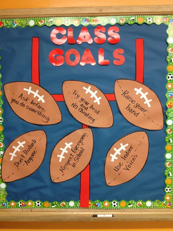 a bulletin board with footballs on it and the words class goals written in red