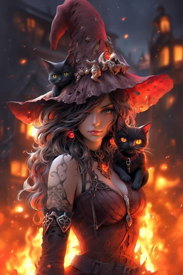 a woman in a witch costume holding a black cat