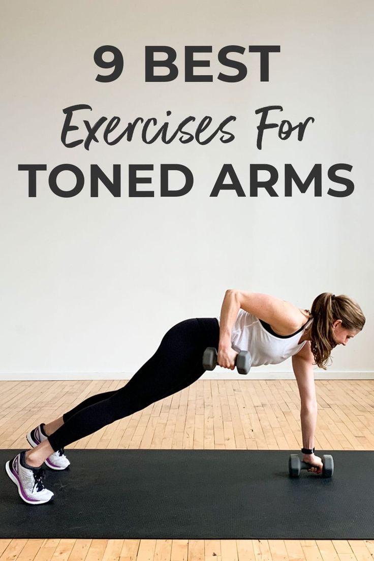 a woman doing push ups on a yoga mat with the words 9 best exercises for toned arms