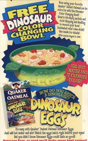 an advertisement for dinosaur eggs from the 1950's, featuring a bowl of oatmeal