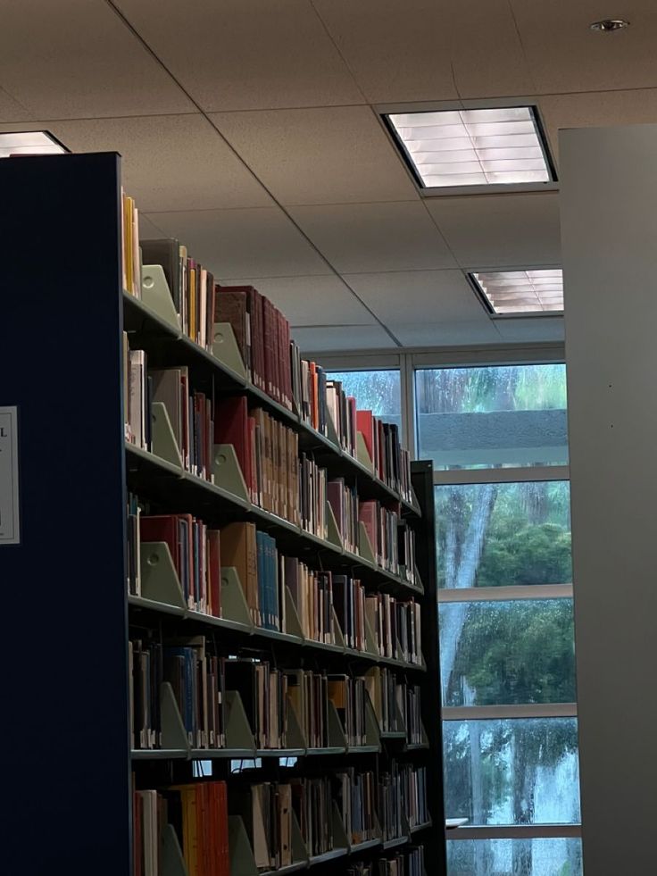 a book shelf filled with lots of books next to a window in a room full of windows