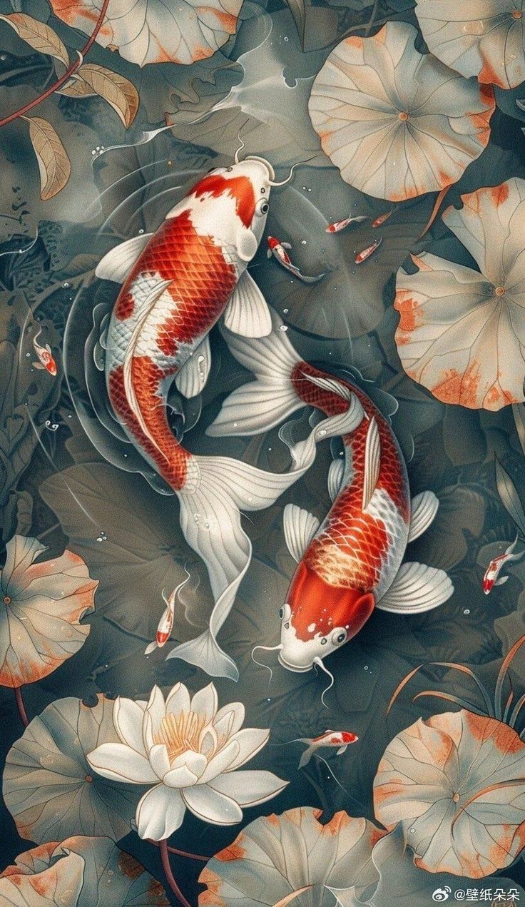 two koi fish are swimming in the water with lily pads and leaves around them