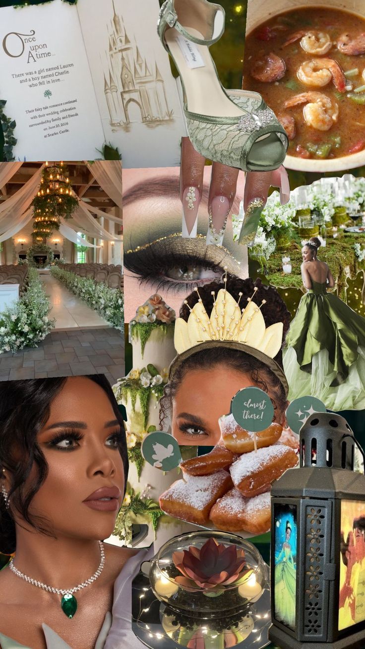 a collage of photos with different people and food items in them, including an image of a woman wearing a tiara