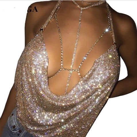 Elegant Sequined Halter Top For Night Out, Elegant Sequin Halter Top For Party, Glamorous Metallic Halter Top For Night Out, Glamorous Fitted Halter Top For Club, Glamorous Rhinestone Halter Top For Party, Metallic Halter Top For Summer Party, Elegant Halter Neck Top With Sequins, Elegant Fitted Halter Top With Sequins, Elegant Sequined Halter Neck Top