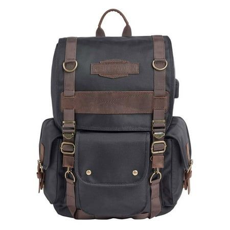 Harley-Davidson Ponderosa Ballistic & Leather USB Backpack - Black, 93813-BLACK. Rugged backpack made of super strong 1680 Denier Ballistic Nylon with Genuine Crazy Horse leather trim. Ballistic Nylon is virtually indestructible (can be punctured, but tear-resistant & water-repellant). Antique brass hardware. External USB port on side of backpack for convenient charging on the go. One exterior front pocket and two side pockets. Drawstring interior closure. Interior with two padded pockets for la Black Flap Backpack For Everyday Use, Black Leather Flap Backpack, Black Leather Backpack For Outdoor Activities, Black Backpack With Luggage Sleeve For Travel, Casual Black Leather Backpack For Outdoor Activities, Casual Black Leather Backpack For Outdoor, Black Flap Backpack For Travel, Black Backpack With Luggage Sleeve For School, Casual Black Camera Bag For Travel