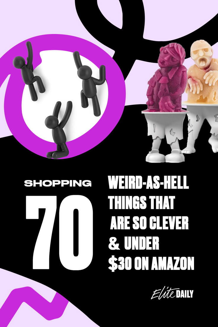 an advertisement for a clothing store with two figures in the shape of people and text reading shopping weird - as - hell things that are so clever & under $ 30 on amazon