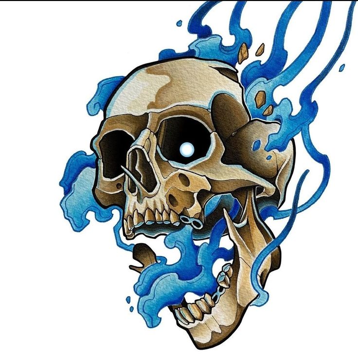 a drawing of a skull with blue water coming out of it