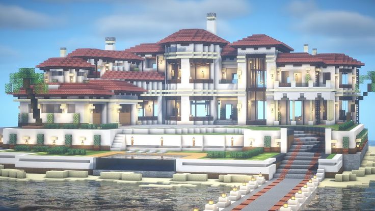 an image of a large house in the middle of the ocean with stairs leading up to it