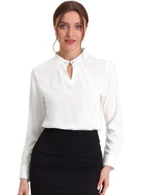 Elegant to wear on most occasion! The pleated mock neck and the pearl decor design instantly elevate this blouse and make it a sophisticated choice for day or night. For Casual, Dating, Office, Work, Formal and Daily Wear, etc. Perfectly pair it with pants or skirts for an elegant and casual look. Elegant White Office Blouse, Elegant Solid Color Top For Office, Elegant Solid Tops For Office Wear, Elegant Collared Office Tops, Elegant Collared Tops For Office, Elegant Top With Stand Collar, Elegant Blouse With Collar For Business Casual, Solid Color Stand Collar Tops For Work, White Stand Collar Top For Work