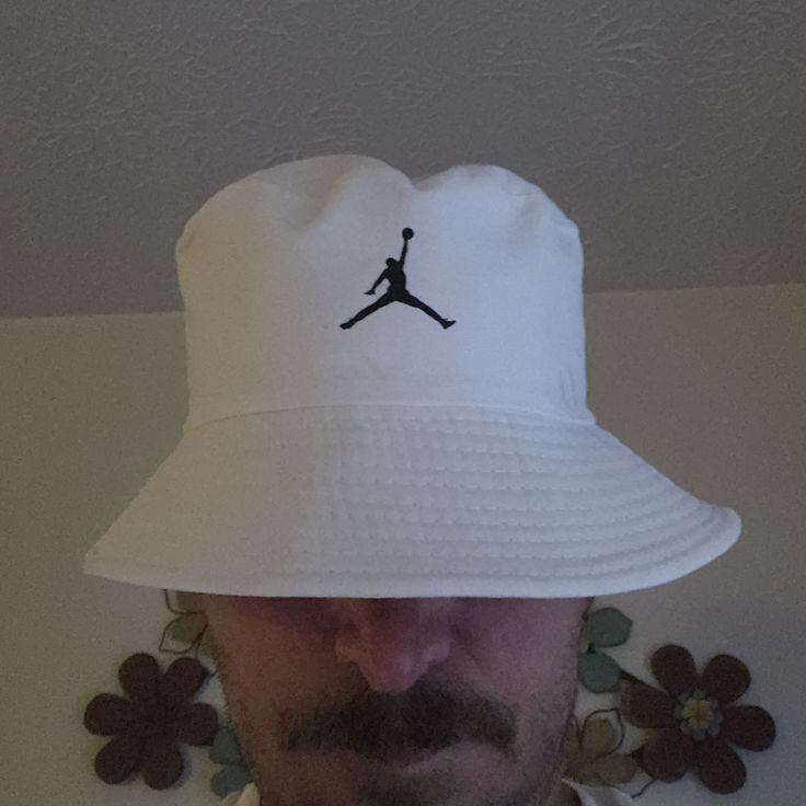 White Air Jordan adult cotton bucket hat White Casual Bucket Hat With Curved Brim, White Hats For Summer Sports Events, White Summer Hats For Sports Events, White Cotton Hats For Sports Events, Casual White Bucket Hat With Curved Brim, Casual White Wide Brim Hat, White Bucket Hat One Size Fits Most, Casual White Wide Brim Bucket Hat, White Hats For Spring Sports Events