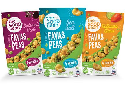 three bags of the good bean company's favas peas are shown in this image