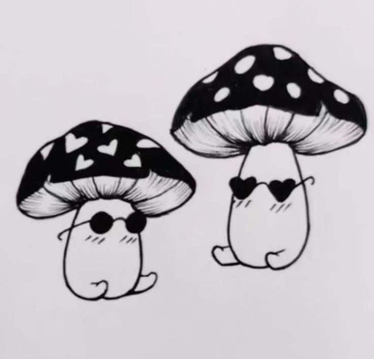 two black and white mushrooms with hearts on their faces, one mushroom has eyes closed