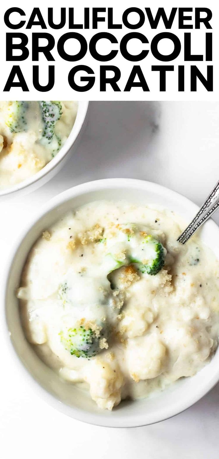 broccoli and cauliflower in a white bowl with the title above it