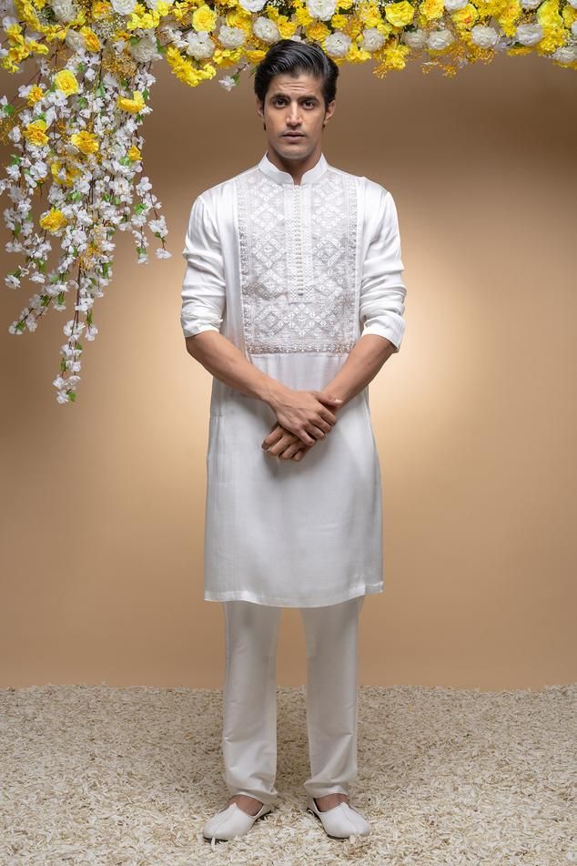 Ivory modal base kurta with hand embroidery on organza paneled yoke. Comes with pant. - Aza Fashions Embroidery On Organza, Kurta Set Men, Kurta Patterns, Men Kurta, Kurta Set For Men, Embroidered Neckline, Kurta Set, Cotton Silk, Aza Fashion