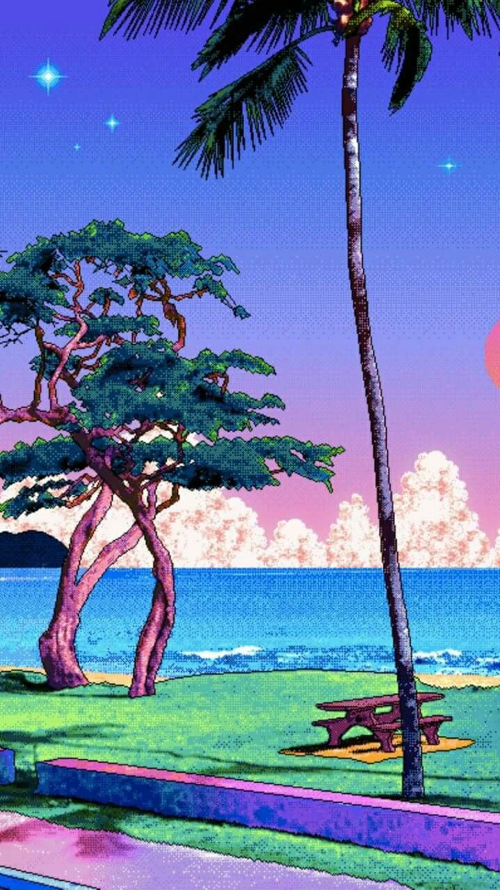 a painting of a bench and trees by the ocean at sunset with pink clouds in the sky