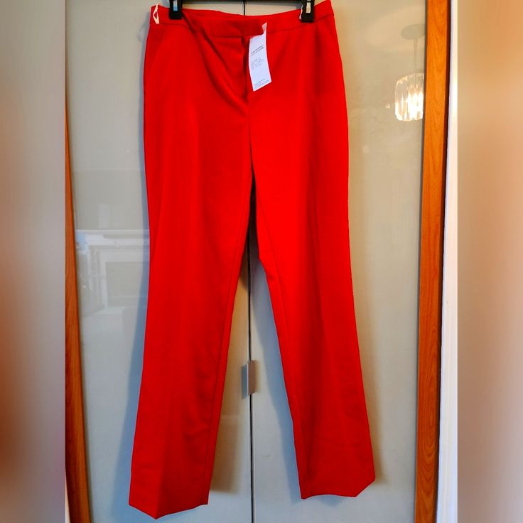 Red Stretch Pants, Perfect For The Office, Paired With A Blazer. Tailored Red Wide Leg Pants, Tailored Red Wide-leg Pants, Red Straight Leg Dress Pants For Spring, Red Stretch Straight Leg Pants, Red Straight Leg Dress Pants For Formal Occasions, Red Stretch High-waisted Dress Pants, Tailored Red Bottoms For Workwear, Red Wide Leg Fitted Dress Pants, Fitted Wide Leg Red Dress Pants