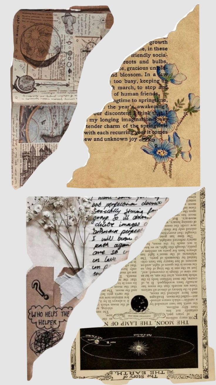 altered paper collages with blue flowers and words on them, all over the page