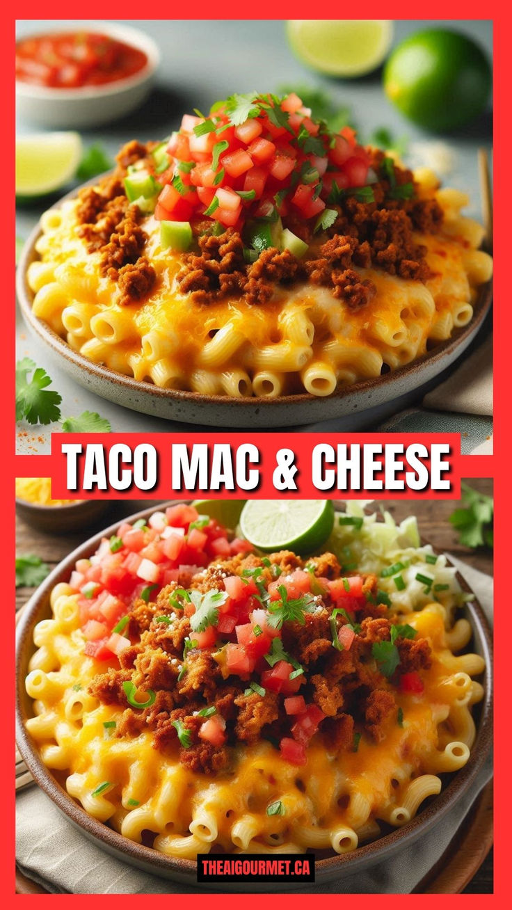 taco mac and cheese is shown in two separate images with the same toppings