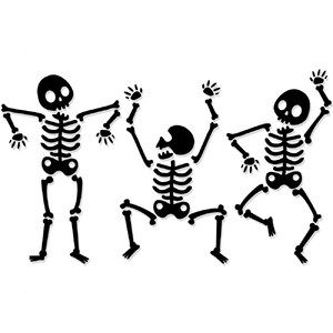 three skeletons dancing together with their arms in the air and one skeleton holding his hand out