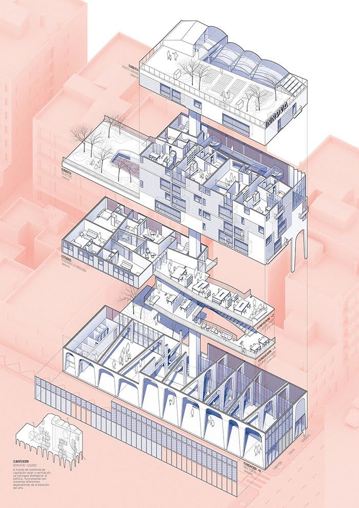 an architectural drawing of three buildings on top of each other