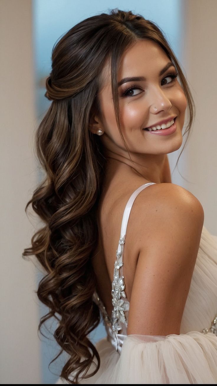 a beautiful young woman with long hair wearing a white dress and smiling at the camera