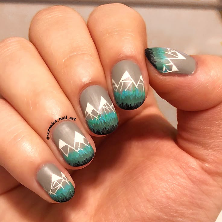 Abstract mountain nail art Mountain Gel Nails, Mountain Nails Designs Art, Mountain Nail Art Design, Nails Mountain Design, Mountain Inspired Nails, Mountain Themed Nails, Mountain Nail Designs, Colorado Nails Designs, Alaska Nail Art