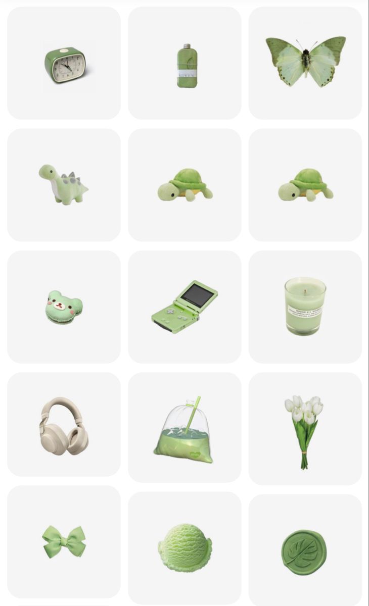 many different green items are arranged on a white background