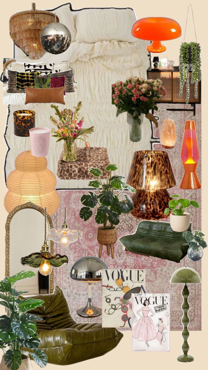 a collage of plants, lamps and pictures