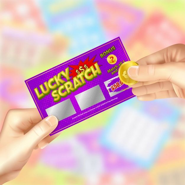 two hands holding up a lucky scratch game card in front of a multicolored background