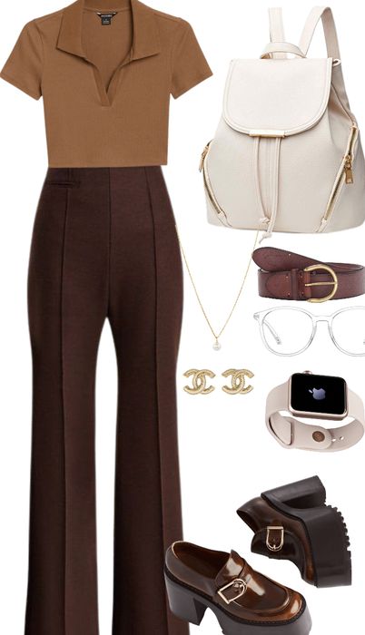 Brown Beige Outfit Womens Fashion, Semi Formal Neutral Outfits, Accessories For Brown Outfit, Brown Pant Winter Outfit, Different Shades Of Brown Outfit Ideas, Dark Brown And Cream Outfit, Dark Brown Work Pants Outfit, Dark Brown Dress Pants Outfit, Brown Pants Business Casual