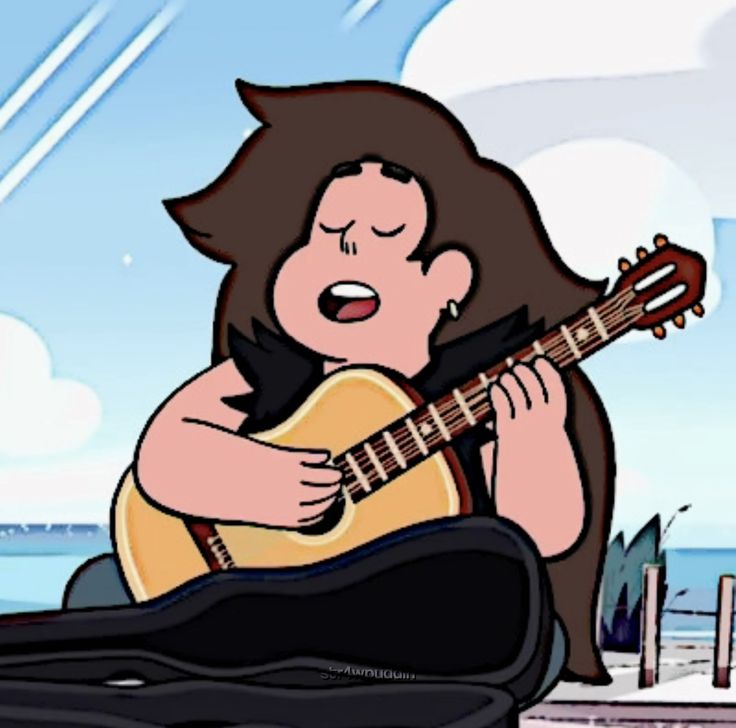 a cartoon girl playing an acoustic guitar on the beach