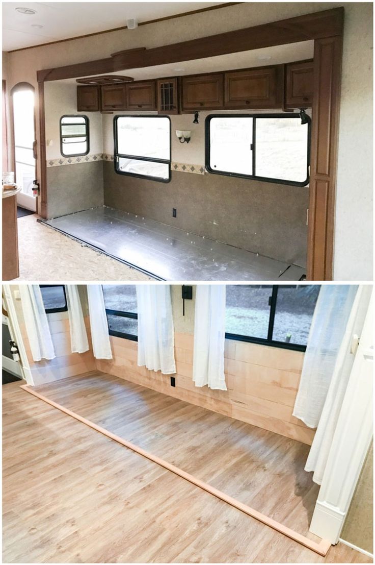 the inside and outside of an rv that is being remodeled with wood flooring, windows, and curtains