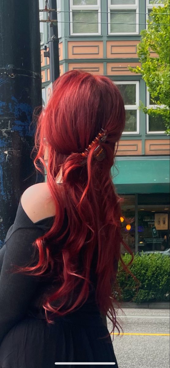 Long Red Hair Dyed, Reddish Orange Hair Color, Dark Red Hair With Balayage, Tanjiro Hair Color, Long Hairstyles Red Hair, Red Hair With Blue Underneath, Long Dyed Red Hair, Light Red Hair Aesthetic, Cherry Copper Hair Color