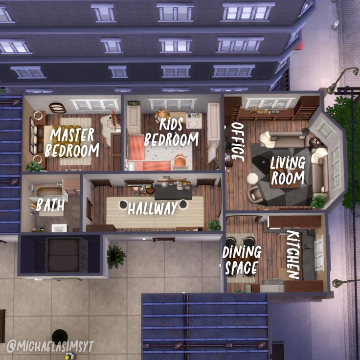 an overhead view of a three bedroom apartment