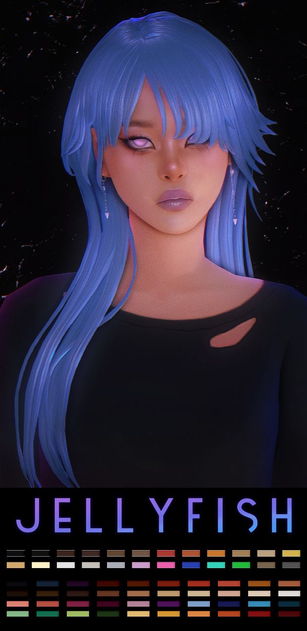 a girl with blue hair and piercings in front of a black background that says jellyfish