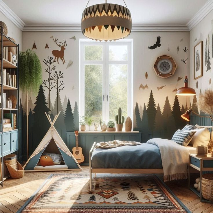 a bedroom with a teepee tent and trees on the wall