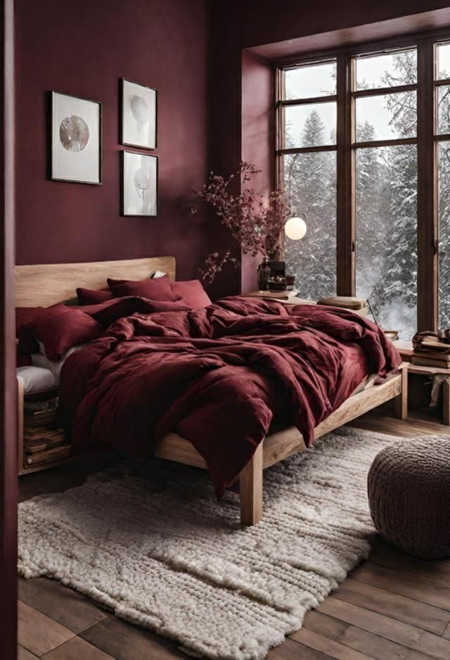 a bedroom with red walls and wooden floors is pictured in this image, the bed has a maroon comforter on it