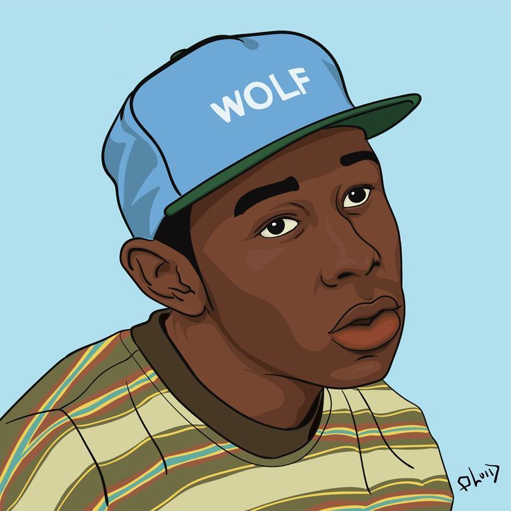 a drawing of a man wearing a blue hat with the word wolf written on it