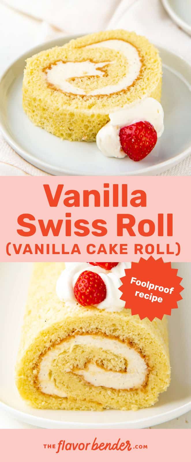 vanilla swiss roll cake roll on a white plate