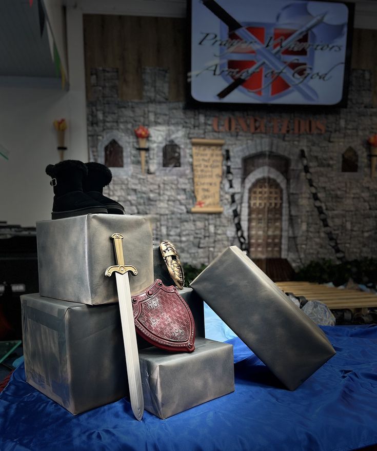 Medieval Stage Design, Armour Of God Decorations, Armor Of God Trunk Or Treat, Armor Of God Decoration Ideas, Castle Theme Classroom, Castle Vbs, Gladiator Party, Kingdom Vbs, Kids Church Decor