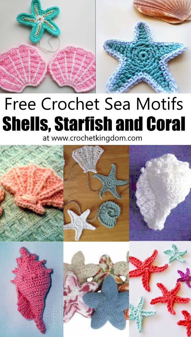 free crochet sea motif shells, starfish and corals are featured here