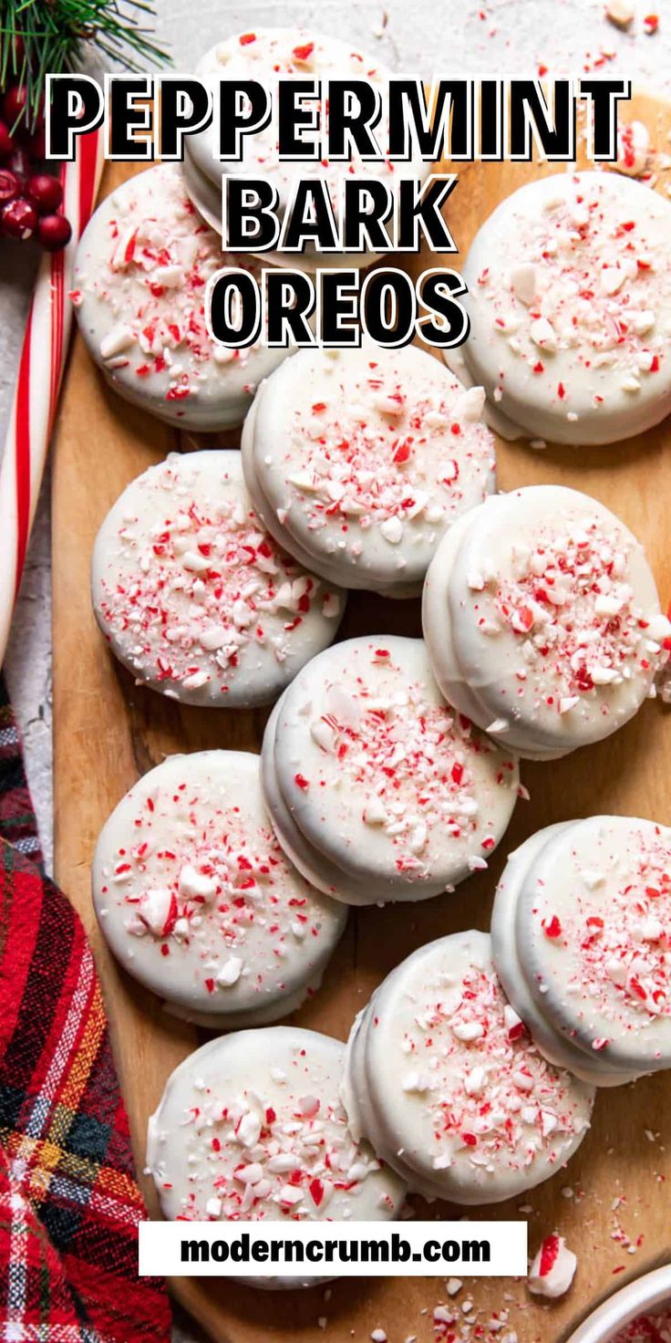 peppermint bark oreos on a cutting board