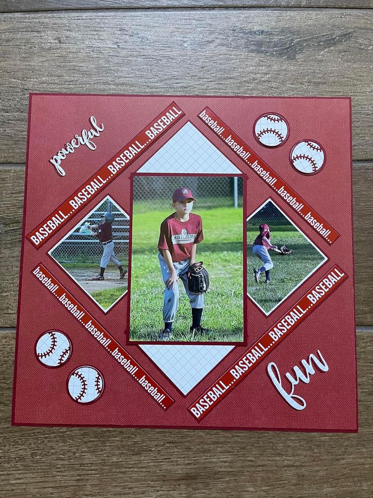 a baseball card with pictures of the players and their names on it, sitting on a wooden surface