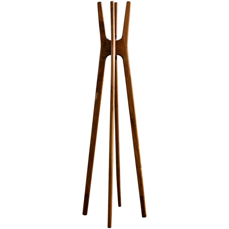 a wooden coat stand with three legs and two hooks on each end, in front of a white background