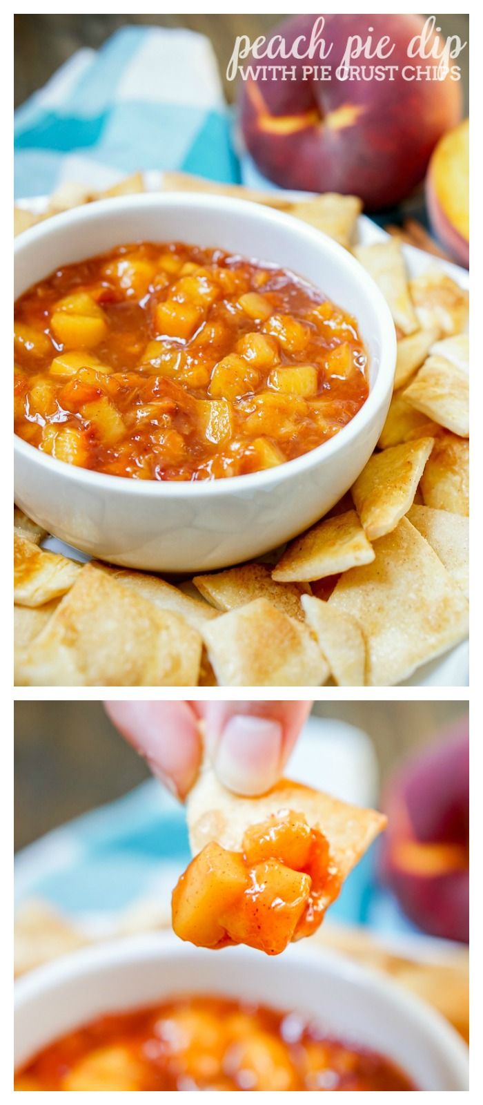 two pictures showing the process to make peach pie dip with fresh peaches and tortilla chips